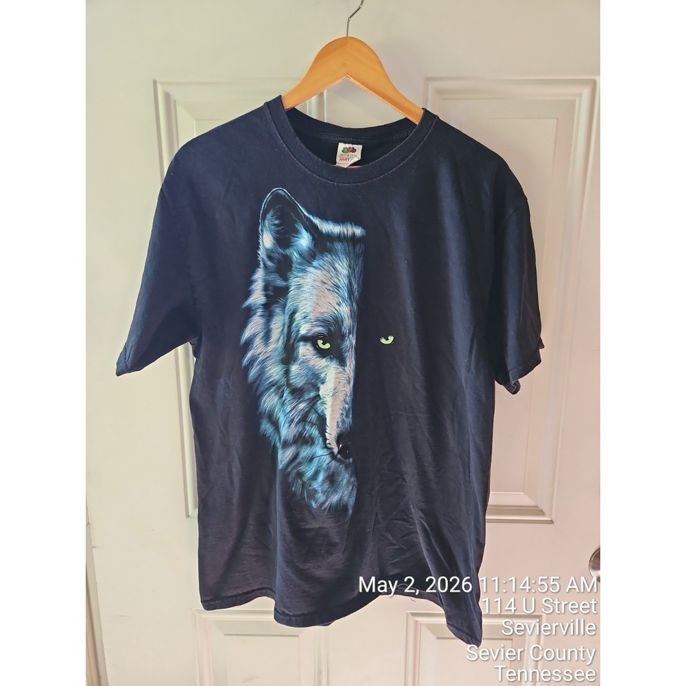 Vintage Y2K Fruit of the Loom Heavy HD Wolf Graphic T Shirt Black Size Large